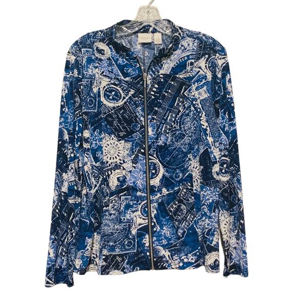 WEEKENDS By CHICO'S Zip Front Jacket Top Size 1 (M /8) Blue Print Band Collar - Picture 1 of 7